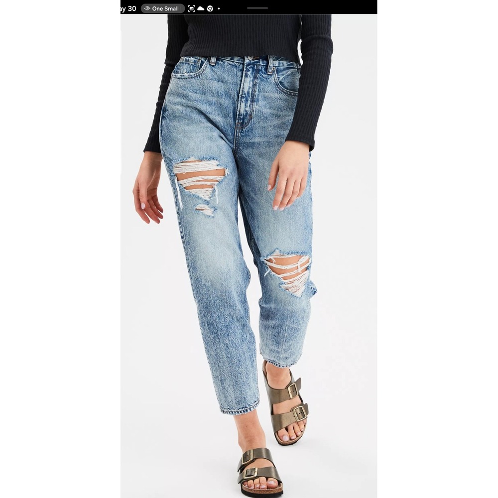 American Eagle Jeans Women 8 Curvy Mom Jean Distressed High Rise Acid Wash Ankle
